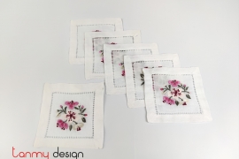Set of 6 coasters hand-embroidered with pink apricot flower 10*10 cm